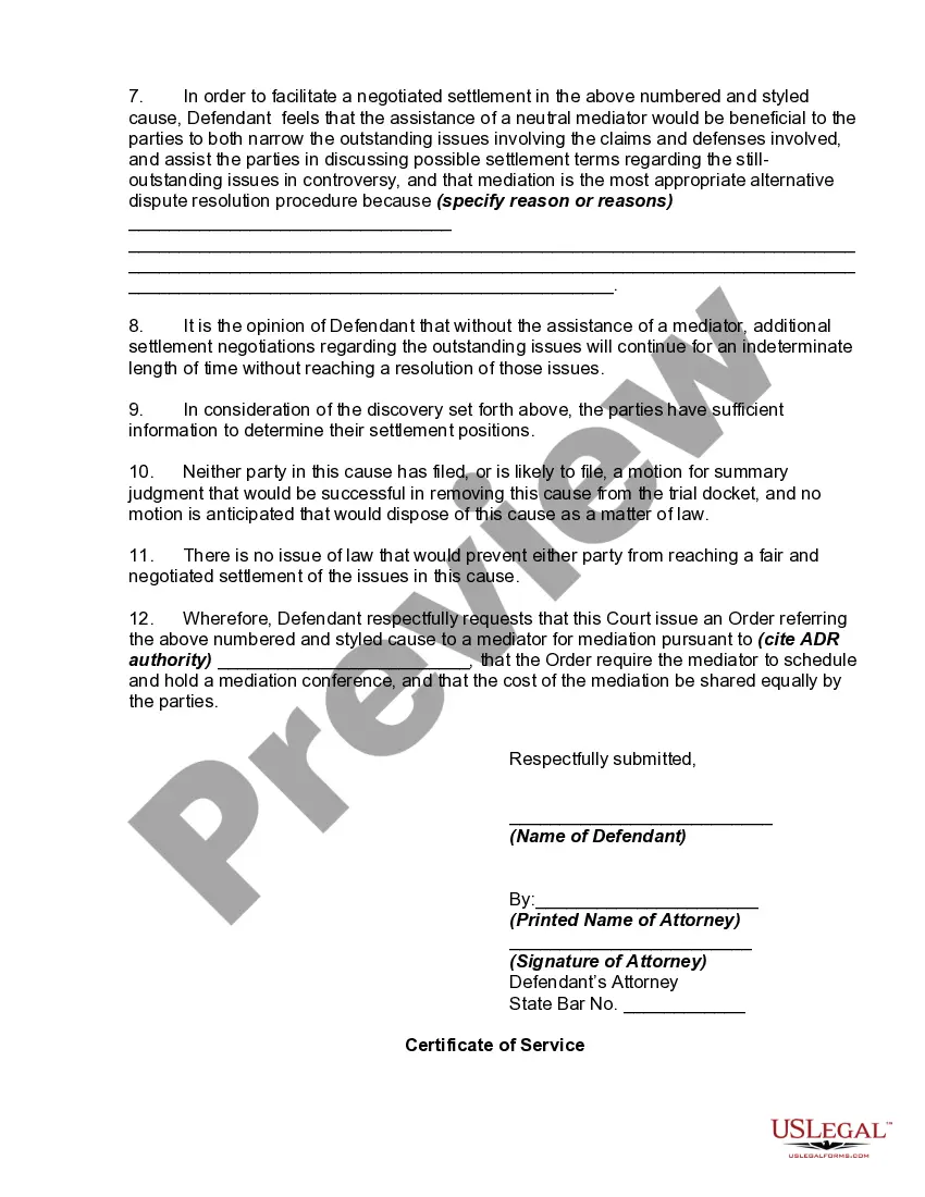Get Motion to Refer Case to Mediation Preview Motion to Refer Case to Mediation