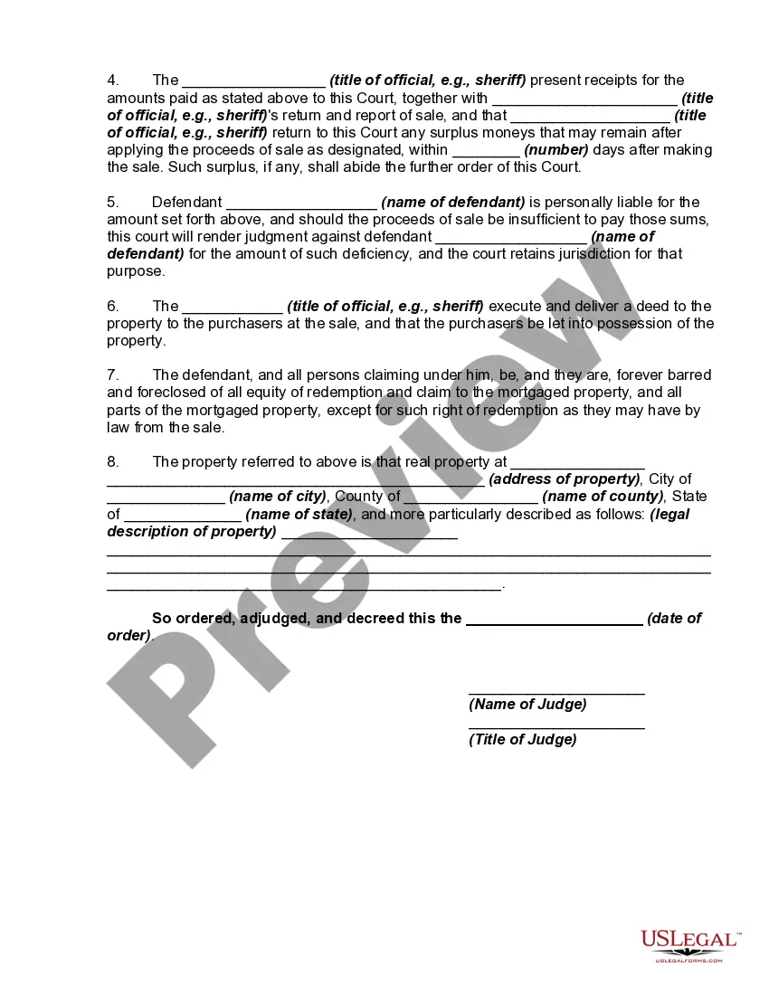 Get Judgment Foreclosing Mortgage and Ordering Sale Preview Judgment Foreclosing Mortgage and Ordering Sale