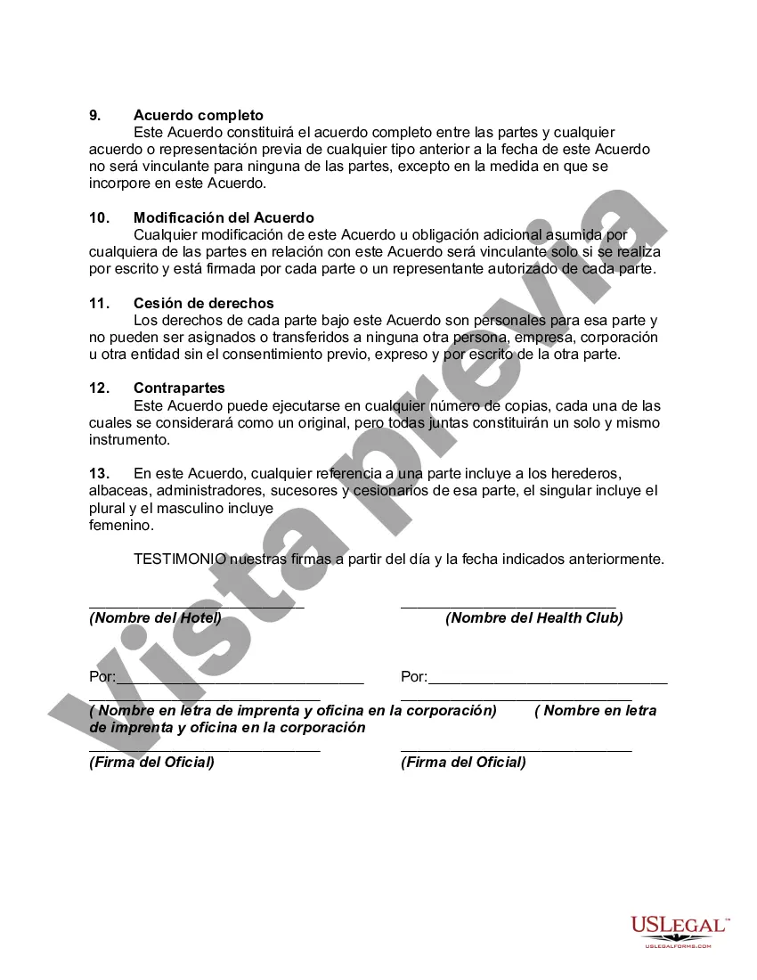 Preview Acuerdo para intercambiar puntos de Hotel Rewards y estatus de hotel Platinum por el derecho de los huéspedes del hotel a utilizar las instalaciones del Heath Club