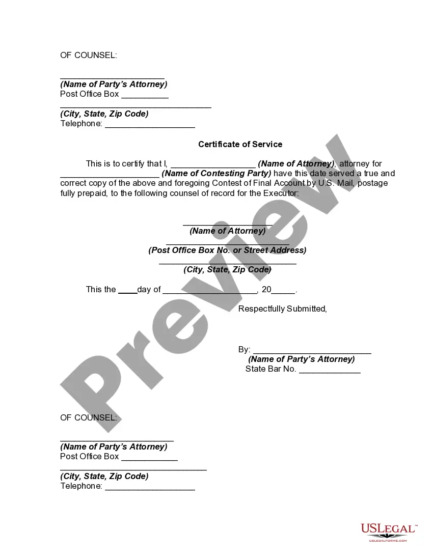 Get Contest of Final Account and Proposed Distributions in a Probate Estate Preview Contest of Final Account and Proposed Distributions in a Probate Estate