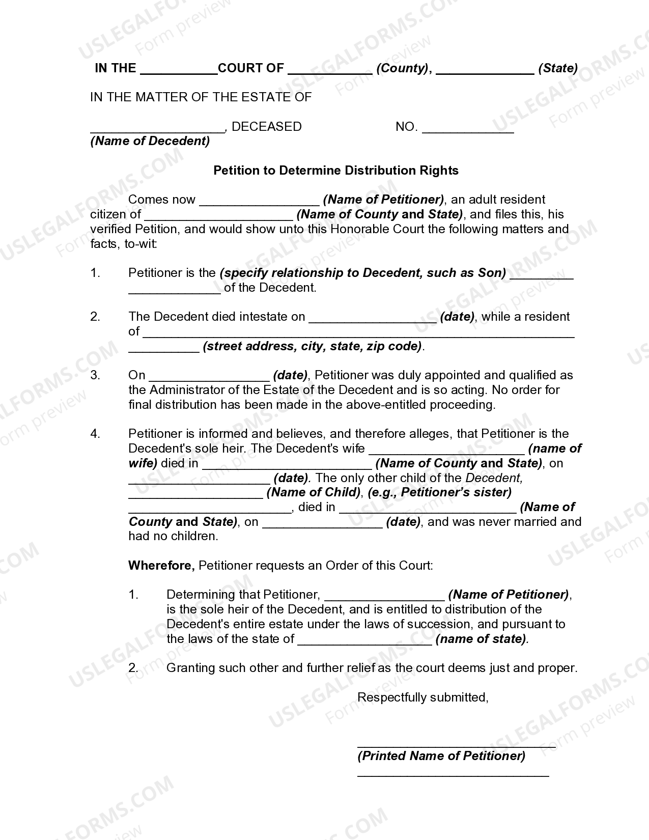 Petition to Determine Distribution Rights of the Assets of a Decedent