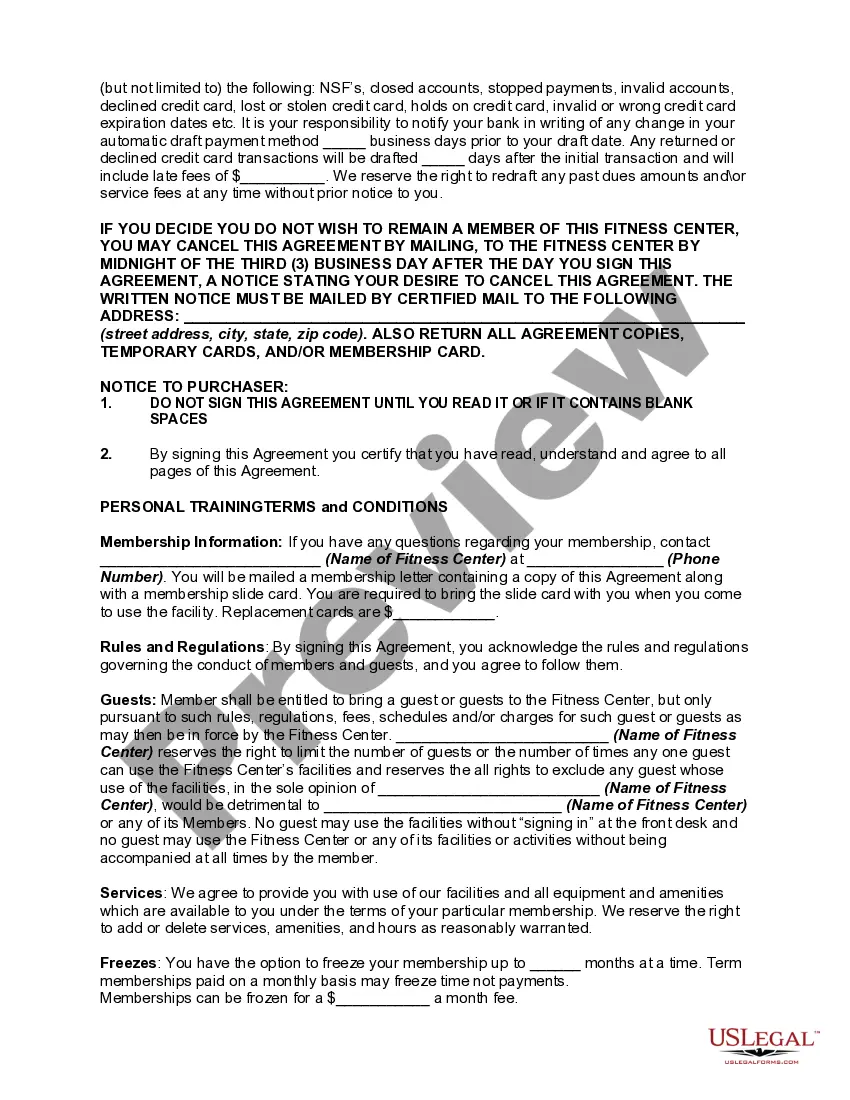 Preview Personal Training or Trainer and Fitness Center Membership Application and Agreement including Waiver and Indemnification Agreement