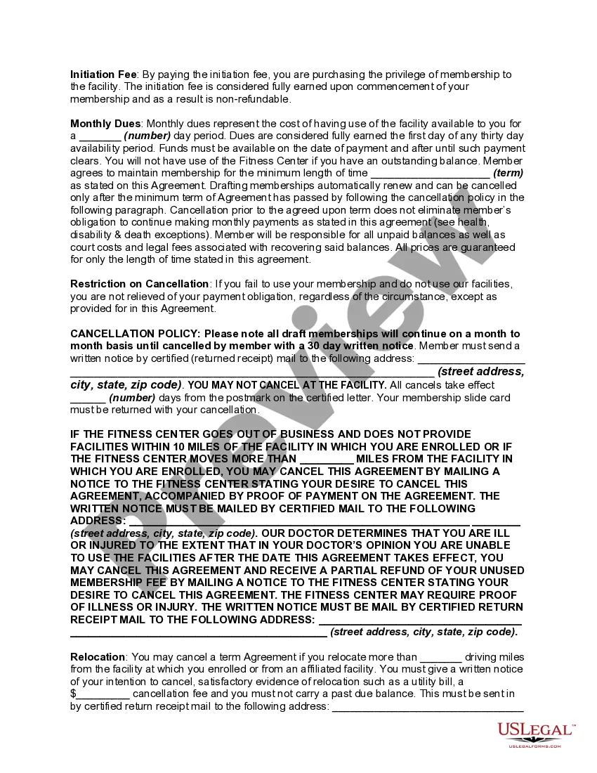 Preview Personal Training or Trainer and Fitness Center Membership Application and Agreement including Waiver and Indemnification Agreement