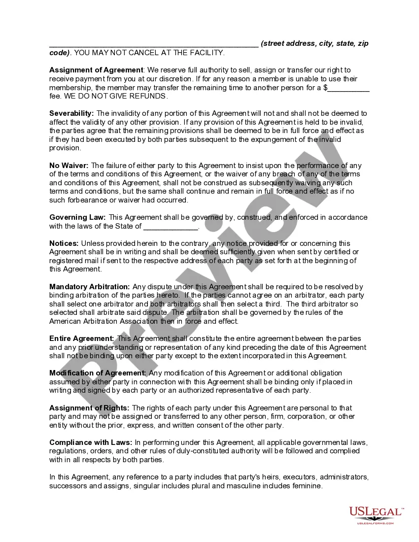 Preview Personal Training or Trainer and Fitness Center Membership Application and Agreement including Waiver and Indemnification Agreement