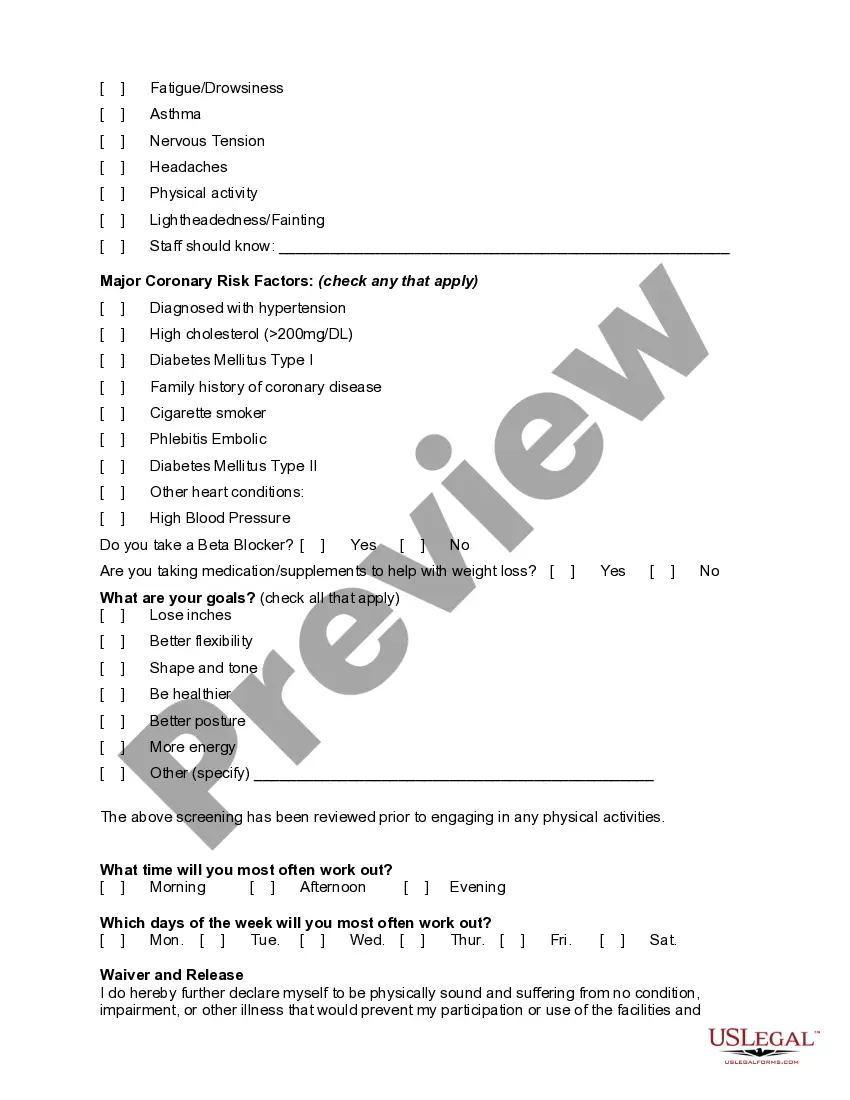 Preview Personal Training or Trainer and Fitness Center Membership Application and Agreement including Waiver and Indemnification Agreement