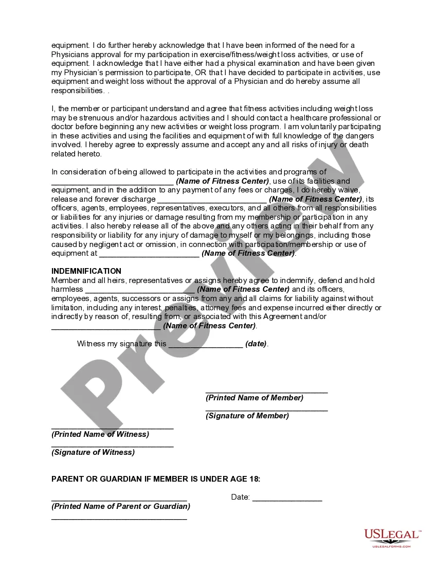 Preview Personal Training or Trainer and Fitness Center Membership Application and Agreement including Waiver and Indemnification Agreement