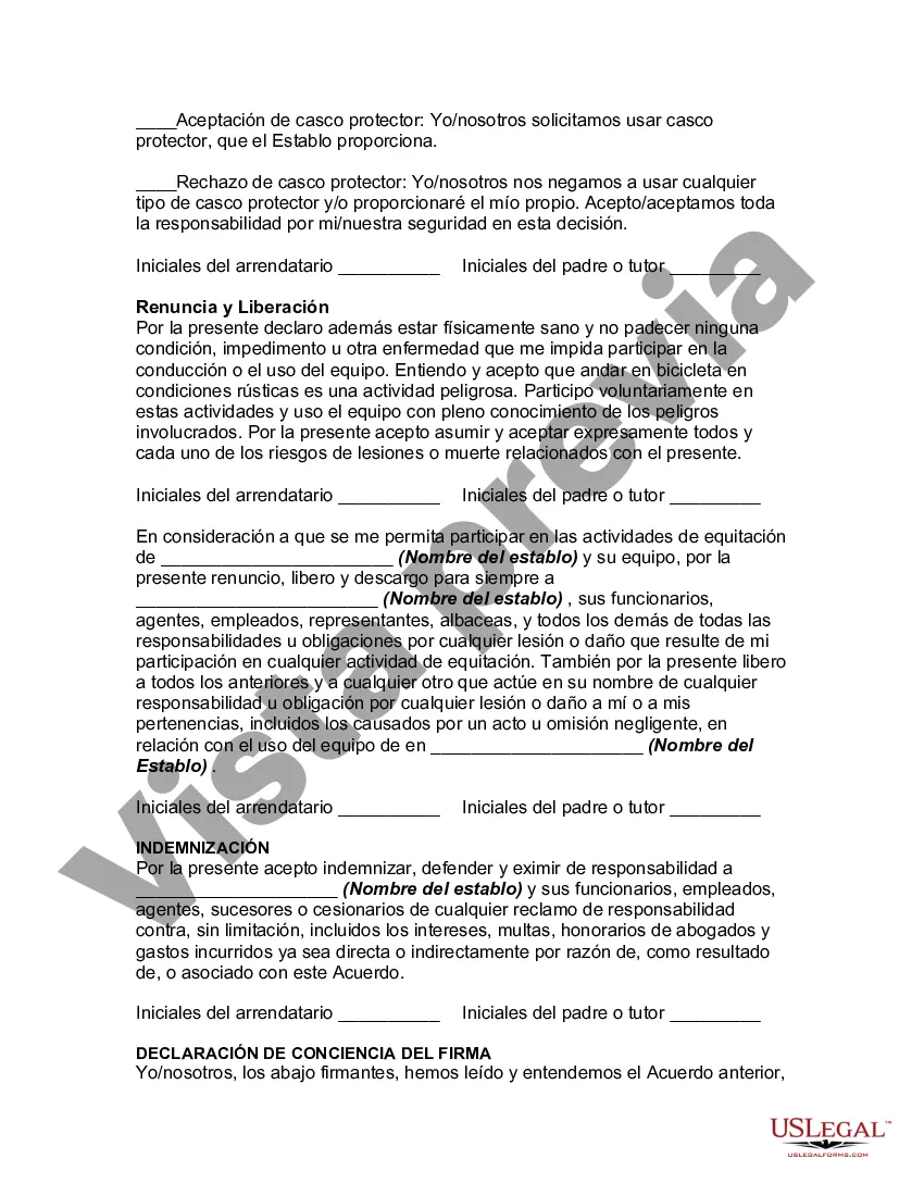 Preview Acuerdo de alquiler de caballos, acuerdo de renuncia, liberación e indemnización para un acuerdo de alquiler con un menor en un campamento o en circunstancias de naturaleza salvaje
