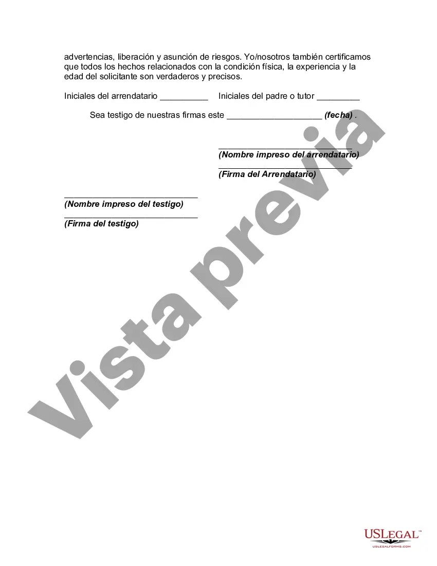 Preview Acuerdo de alquiler de caballos, acuerdo de renuncia, liberación e indemnización para un acuerdo de alquiler con un menor en un campamento o en circunstancias de naturaleza salvaje