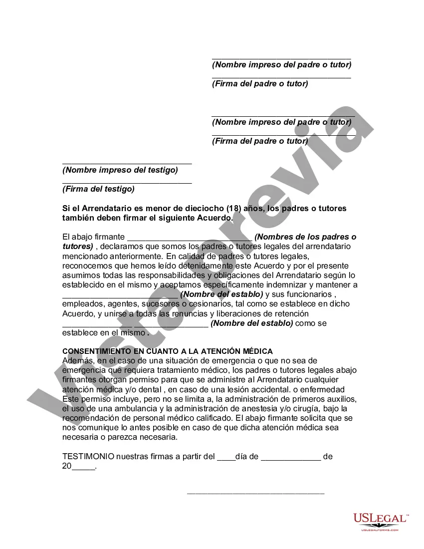 Preview Acuerdo de alquiler de caballos, acuerdo de renuncia, liberación e indemnización para un acuerdo de alquiler con un menor en un campamento o en circunstancias de naturaleza salvaje