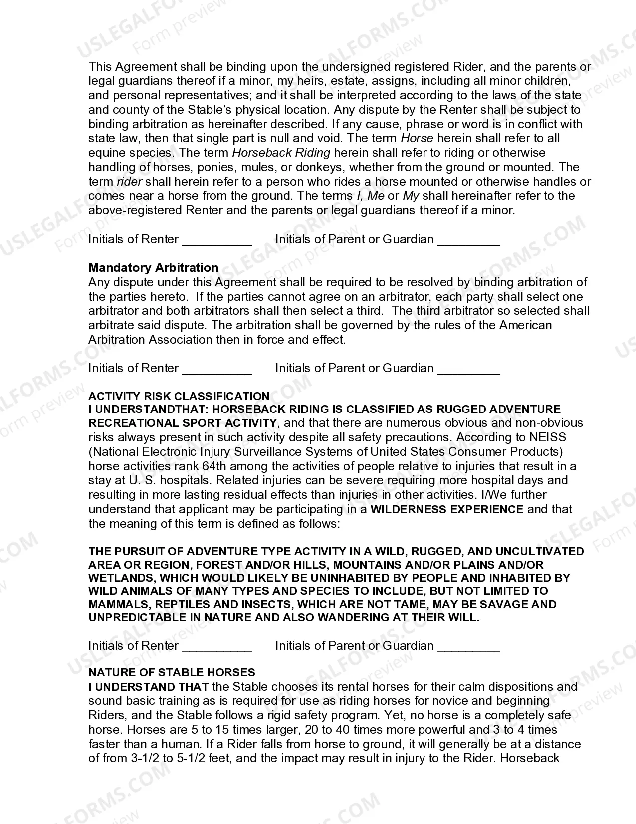 Preview Horse Rental Agreement, Waiver, Release and Indemnification Agreement for a Rental Agreement with a Minor at a Camp or under Wilderness Circumstances