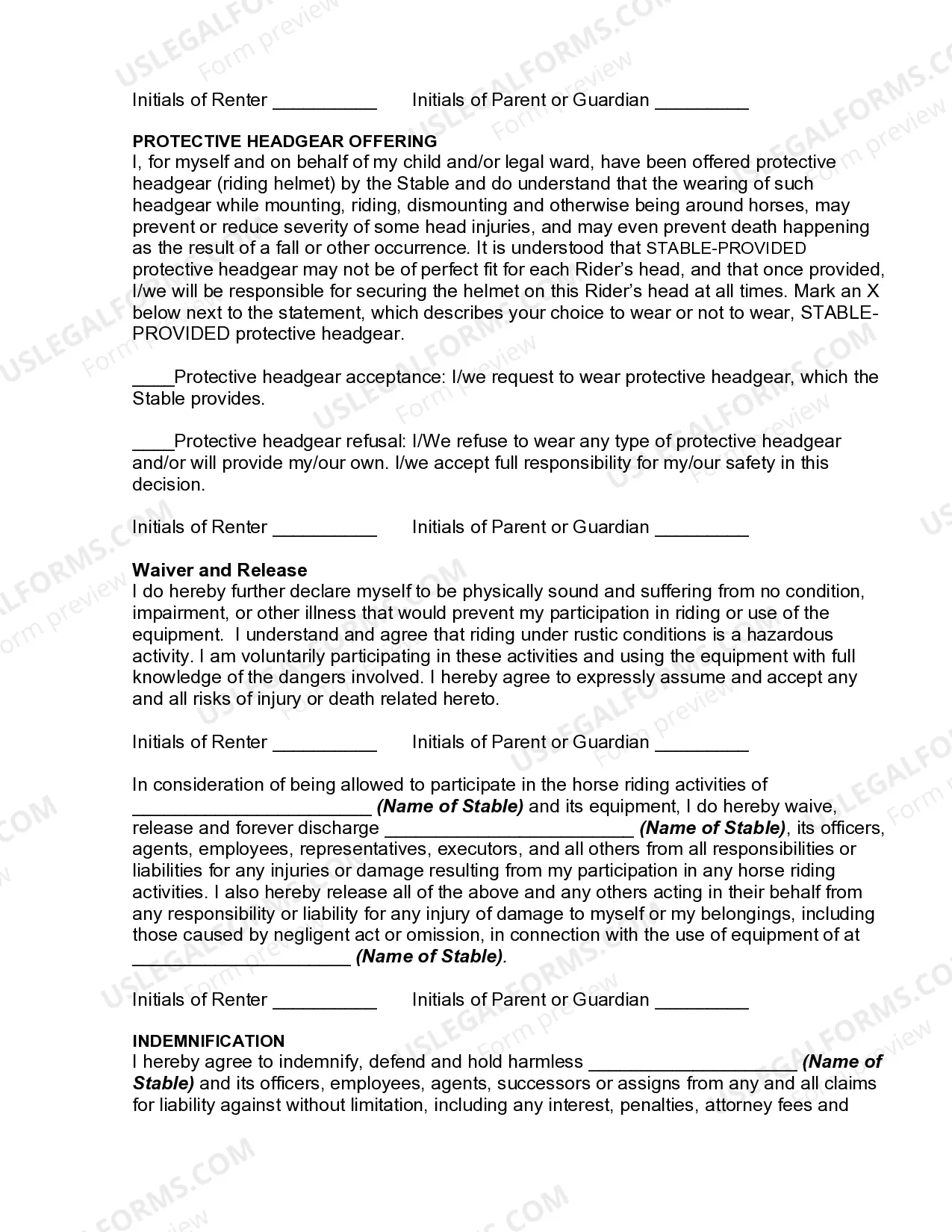 Preview Horse Rental Agreement, Waiver, Release and Indemnification Agreement for a Rental Agreement with a Minor at a Camp or under Wilderness Circumstances