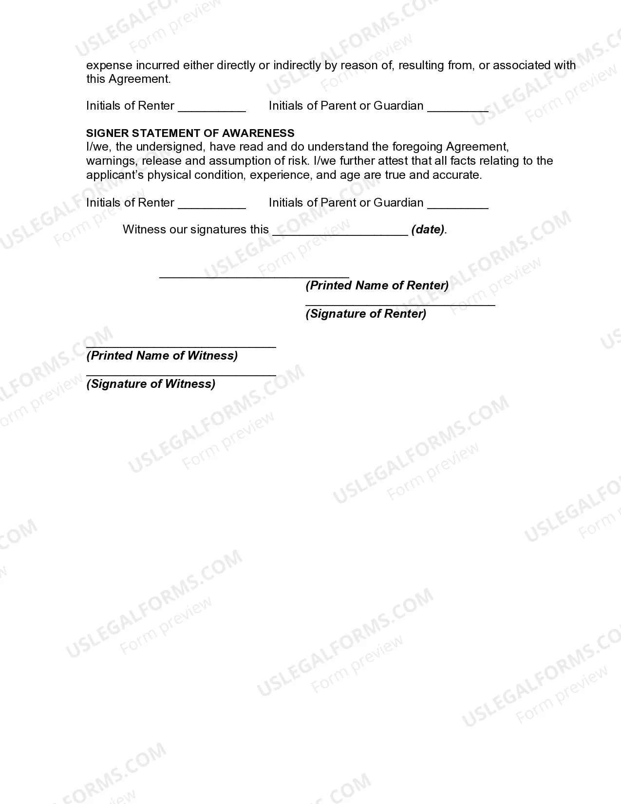 Preview Horse Rental Agreement, Waiver, Release and Indemnification Agreement for a Rental Agreement with a Minor at a Camp or under Wilderness Circumstances
