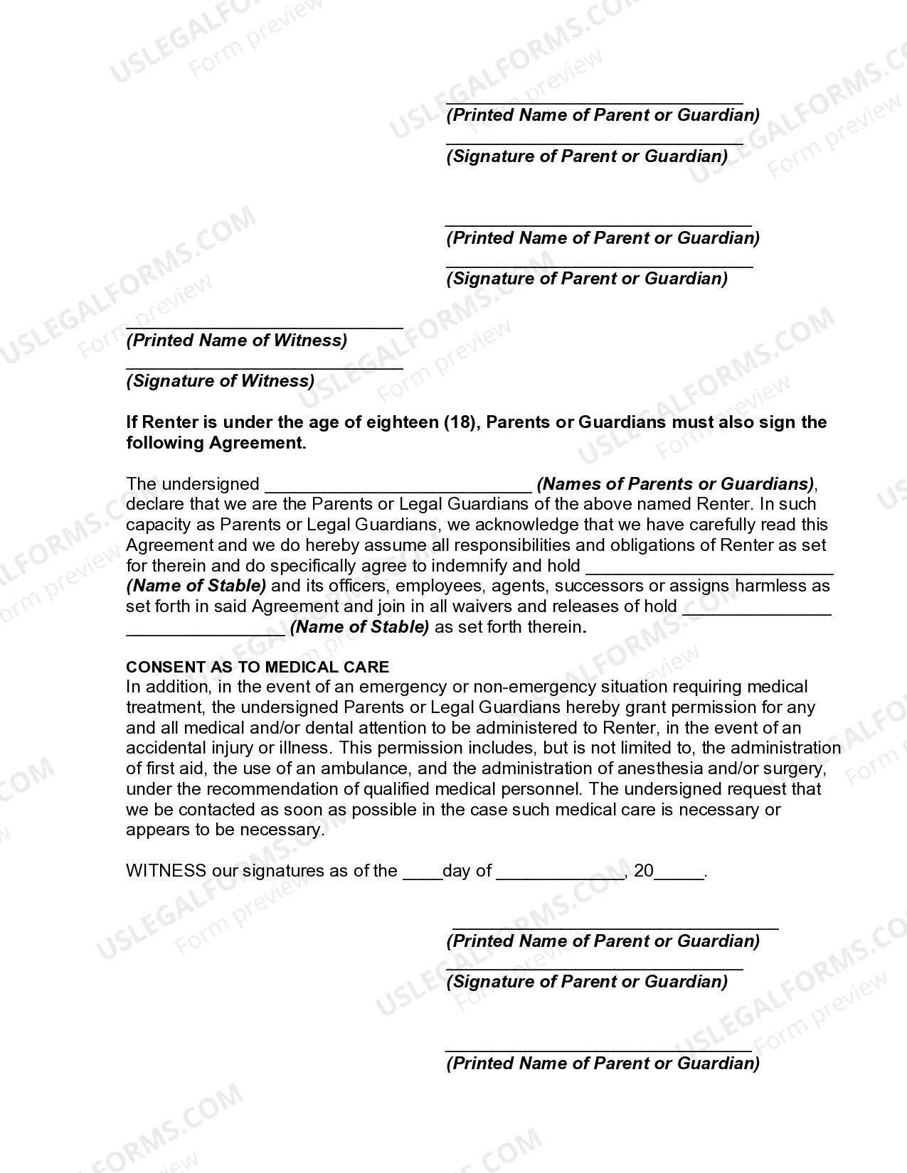 Preview Horse Rental Agreement, Waiver, Release and Indemnification Agreement for a Rental Agreement with a Minor at a Camp or under Wilderness Circumstances