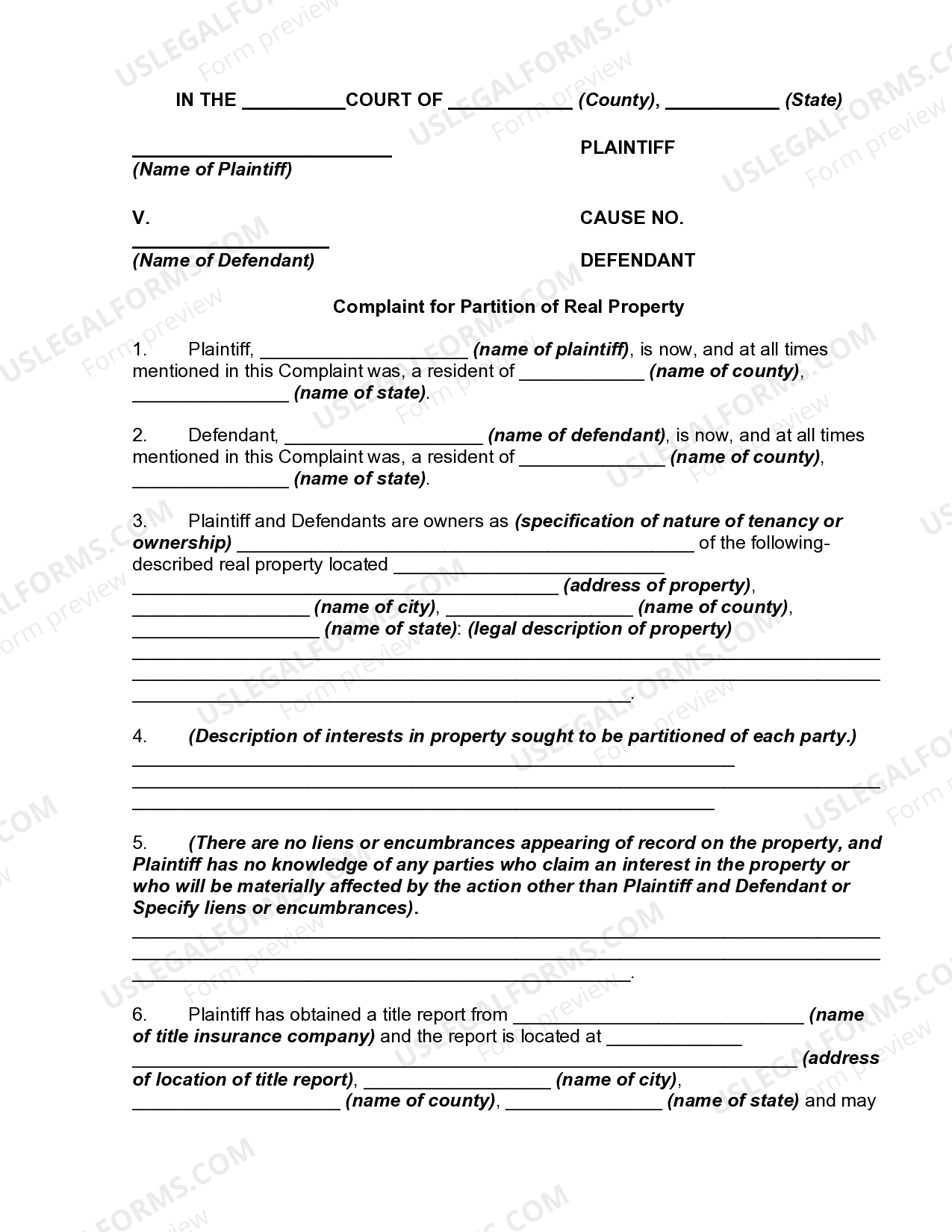 Complaint for Partition of Real Property US Legal Forms