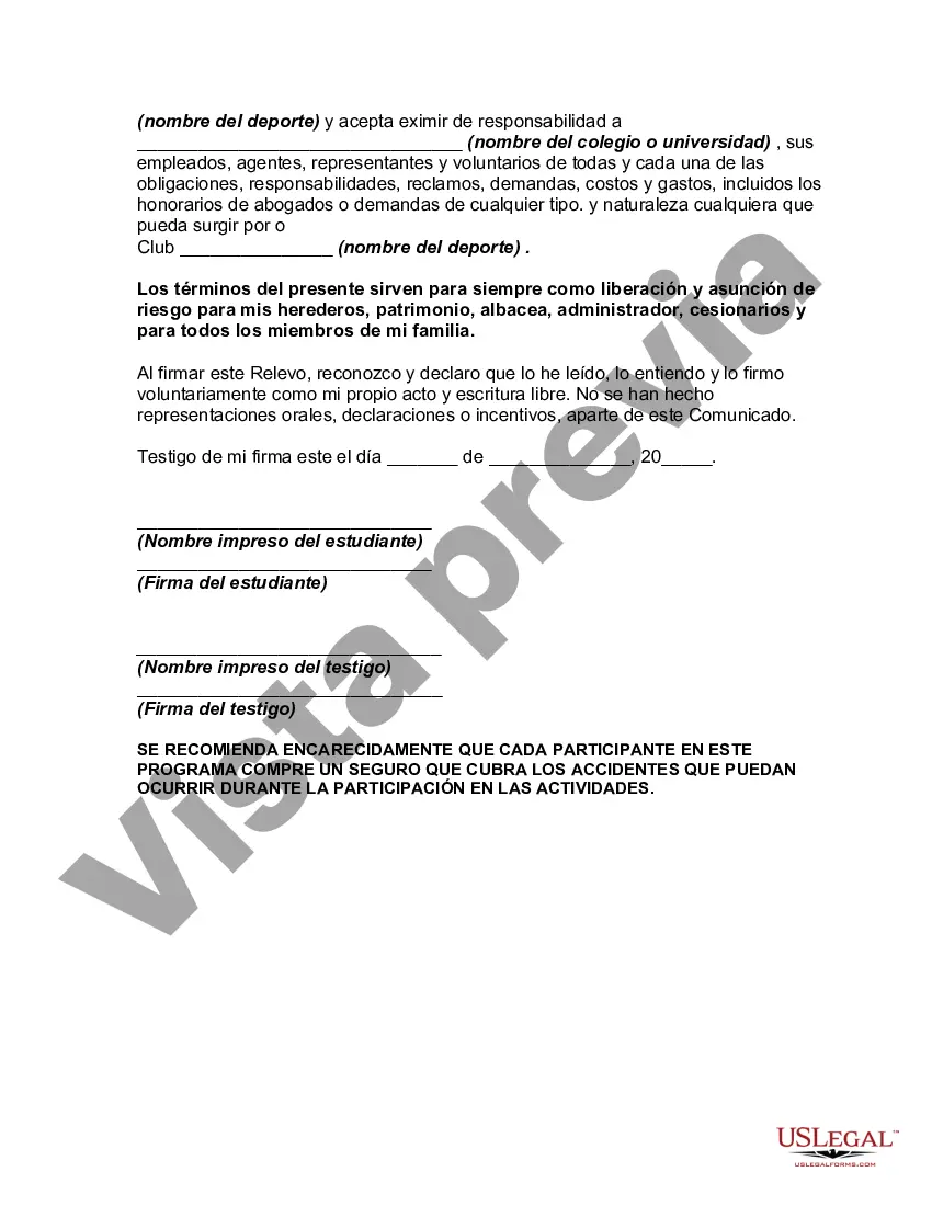 Preview Acuerdo para Participar y Liberación con respecto a College Club Sports