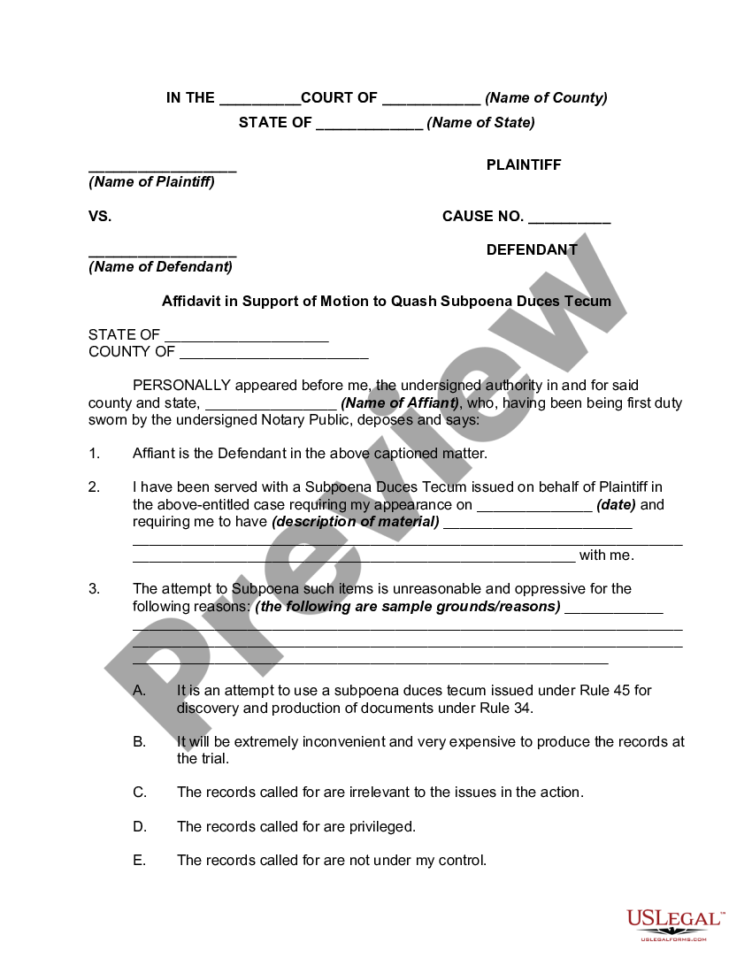 Los Angeles California Affidavit In Support Of Motion To Quash Subpoena 