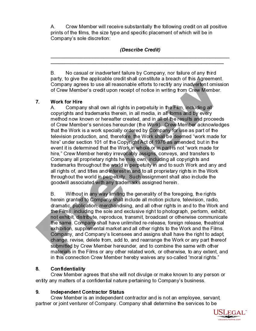 Preview Independent Contractor Agreement with a Crew Member for a Television Production