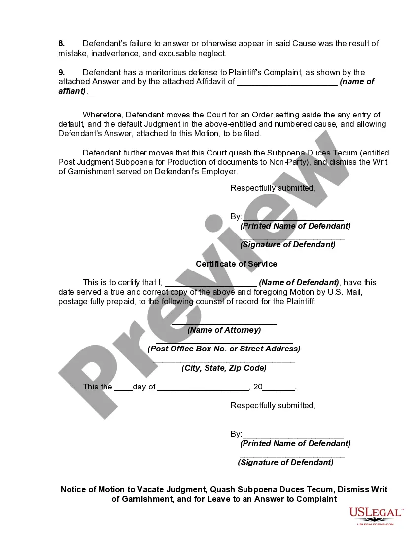 Preview Motion to Vacate Judgment, Quash Subpoena Duces Tecum, Dismiss Writ of Garnishment, and for Leave to File an Answer to Complaint