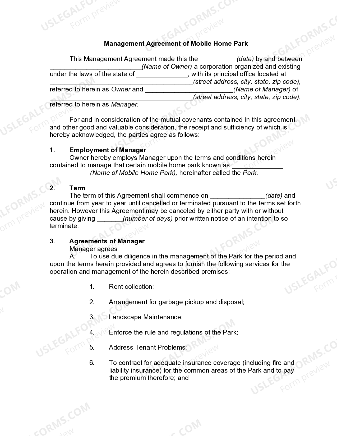 Alabama Management Agreement of Mobile Home Park - Mobile Home ...
