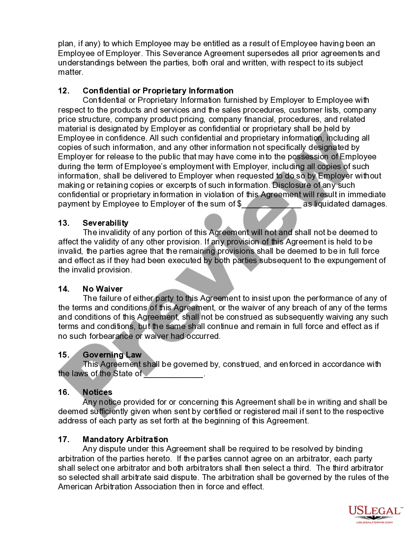 Severance Agreement between Employee and Employer Severance Payment