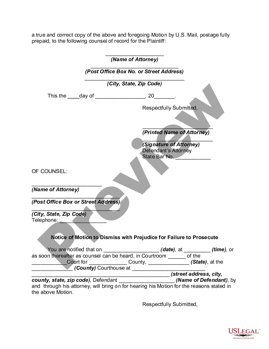 form Motion by Defendant to Dismiss with Prejudice for Failure to Prosecute preview