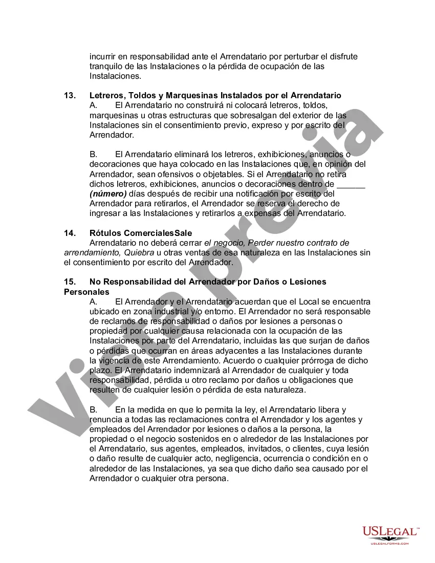 Preview Arrendamiento de Local Comercial en Zona Industrial o Entorno con Renuncia y Asunción de Riesgo