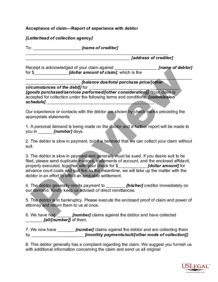 page 0 Acceptance of Claim by Collection Agency and Report of Experience with Debtor preview