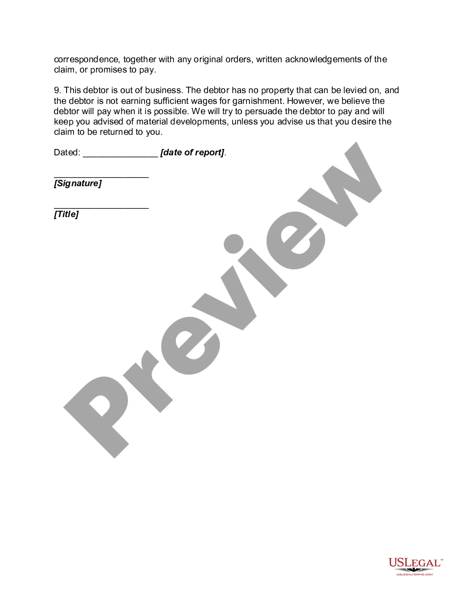 page 1 Acceptance of Claim by Collection Agency and Report of Experience with Debtor preview
