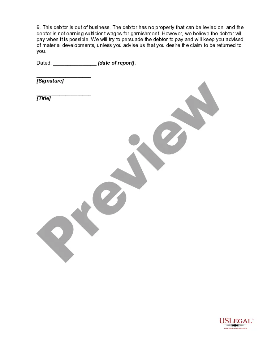 Preview Acceptance of Claim by Collection Agency and Report of Experience with Debtor