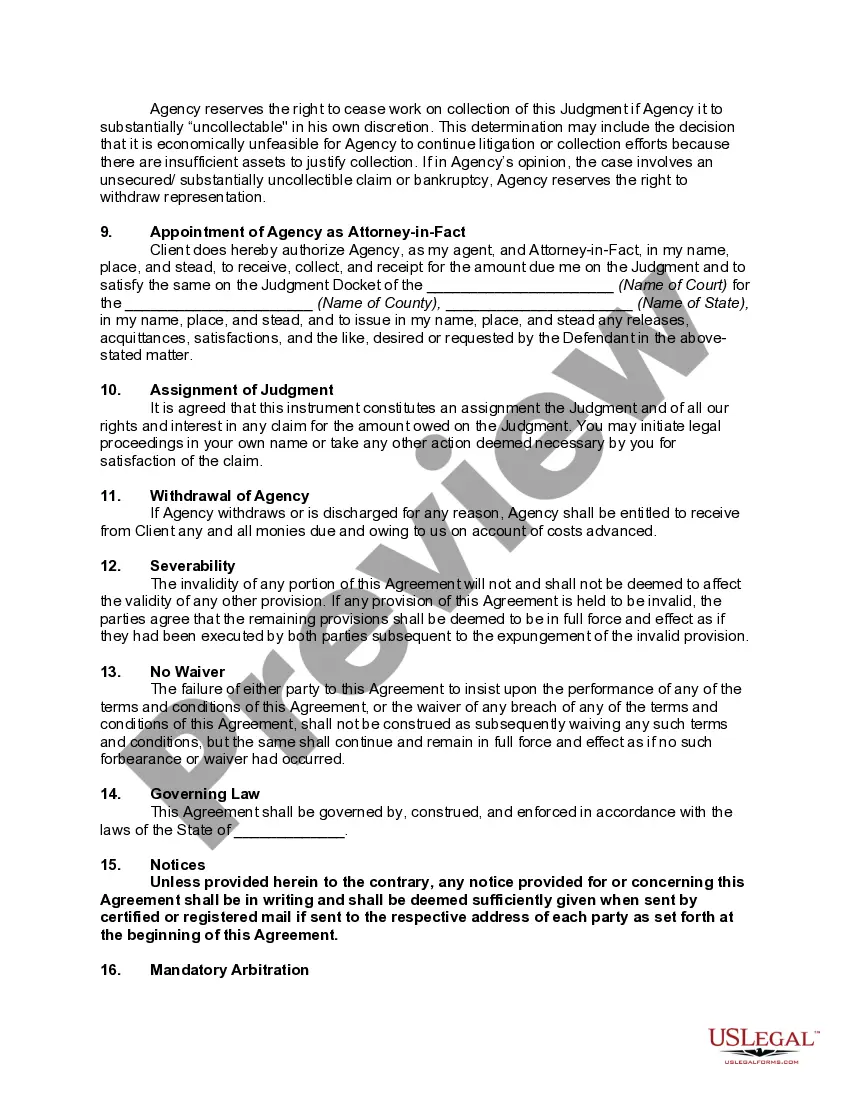 Get Agreement and Assignment of Judgment for Collection to Collection Agency Preview Agreement and Assignment of Judgment for Collection to Collection Agency