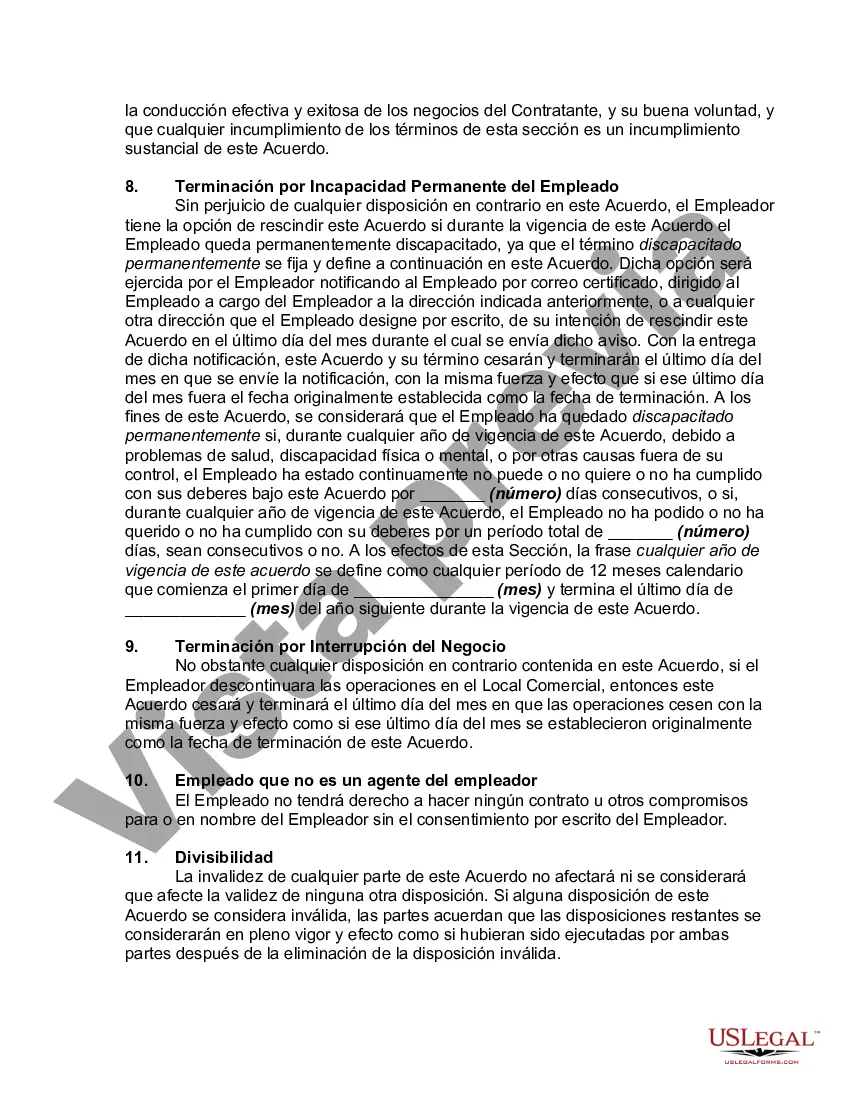 Preview Acuerdo de Empleo con Disposiciones de No Competencia, Confidencialidad y Terminación por Incapacidad o Interrupción del Negocio