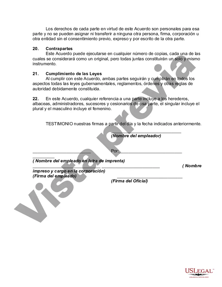 Preview Acuerdo de Empleo con Disposiciones de No Competencia, Confidencialidad y Terminación por Incapacidad o Interrupción del Negocio