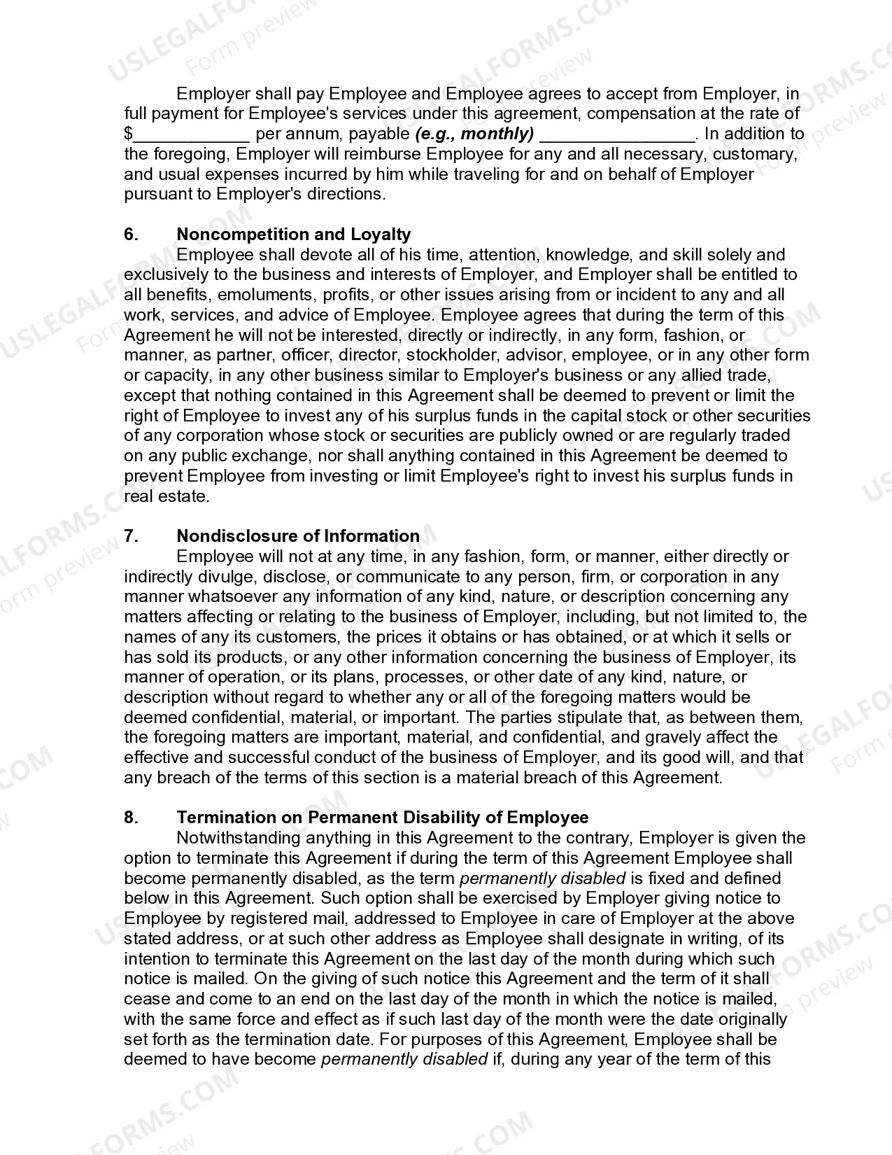 Preview Employment Agreement with Provisions for Noncompetition, Confidentiality, and Termination on Disability or Discontinuance of Business