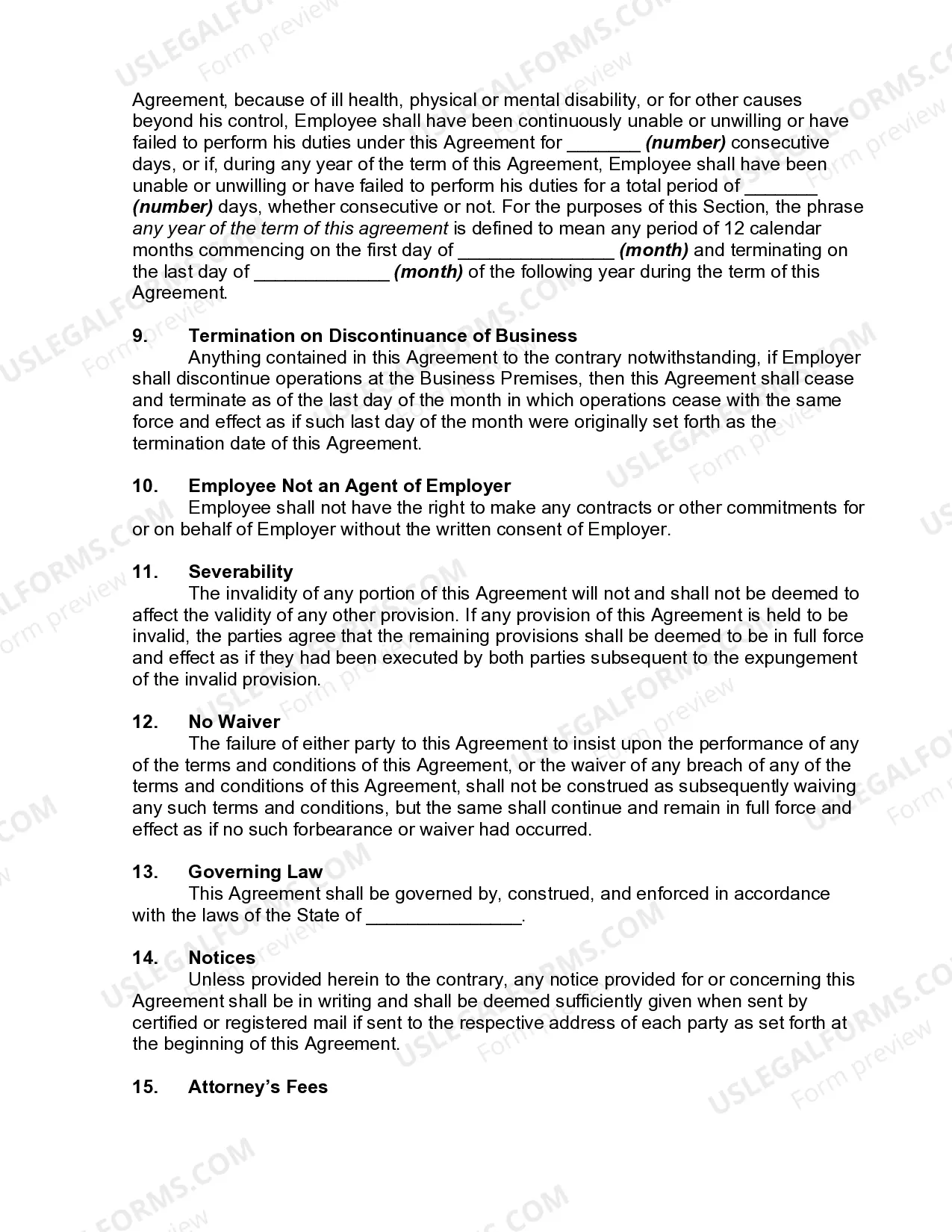 Preview Employment Agreement with Provisions for Noncompetition, Confidentiality, and Termination on Disability or Discontinuance of Business
