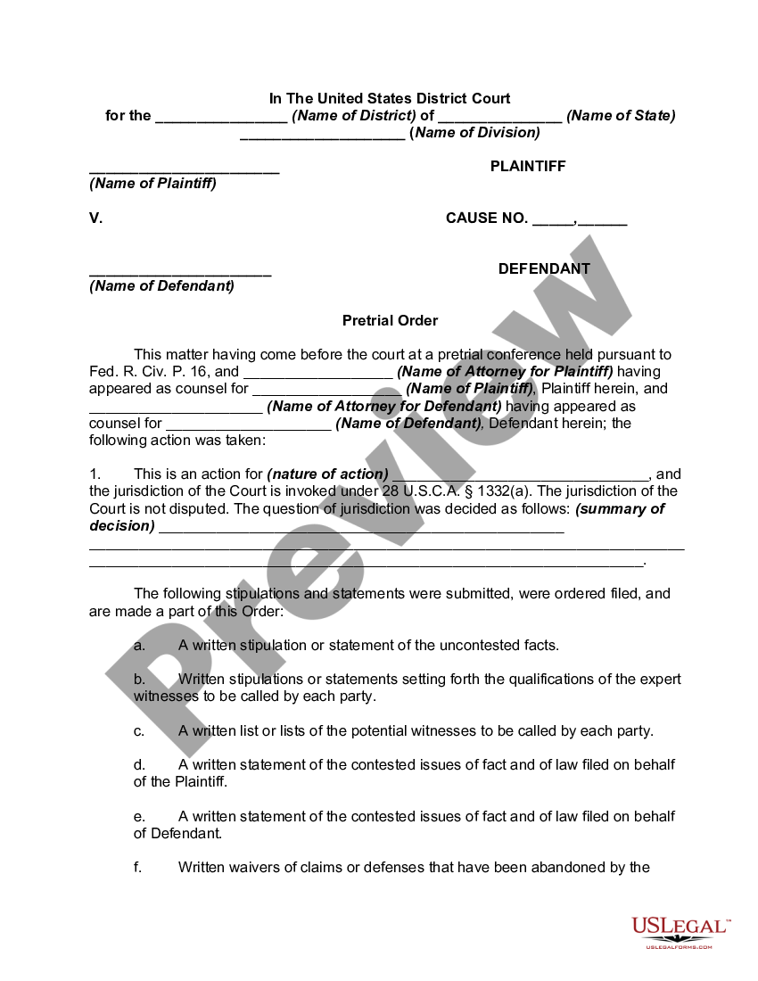 General Form Of Pretrial Order | US Legal Forms