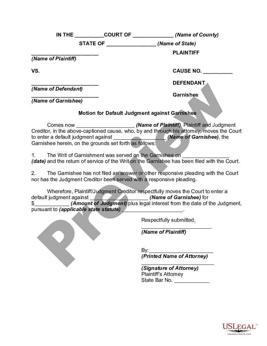 Motion For Default Judgment Against Garnishee Motion Default Judgment Us Legal Forms