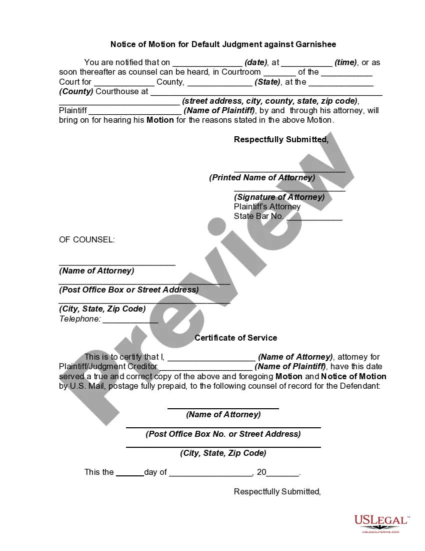 Get Motion for Default Judgment against Garnishee Preview Motion for Default Judgment against Garnishee
