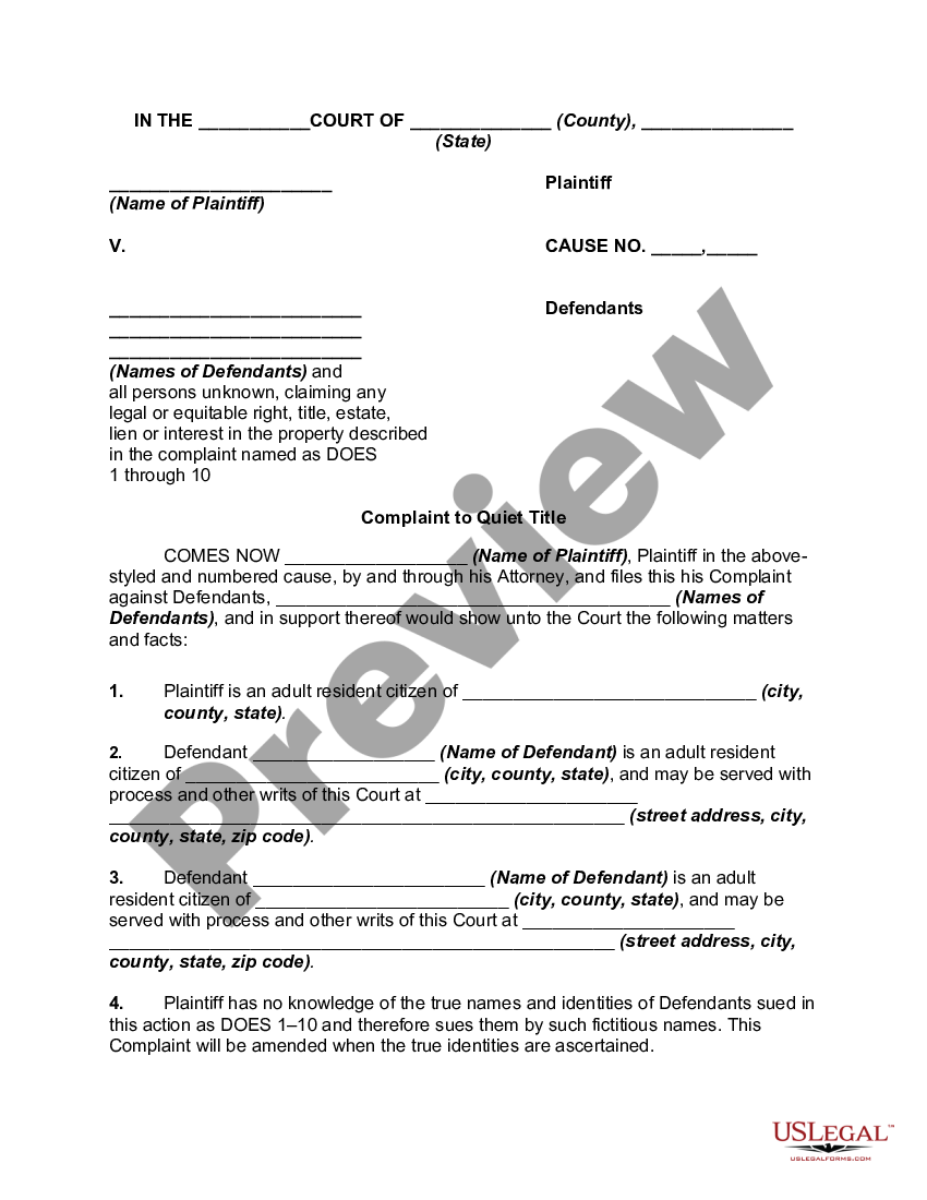 Complaint To Quiet Title By Adverse Possessor With Unknown Defendants Quiet Title Affadavit 7565