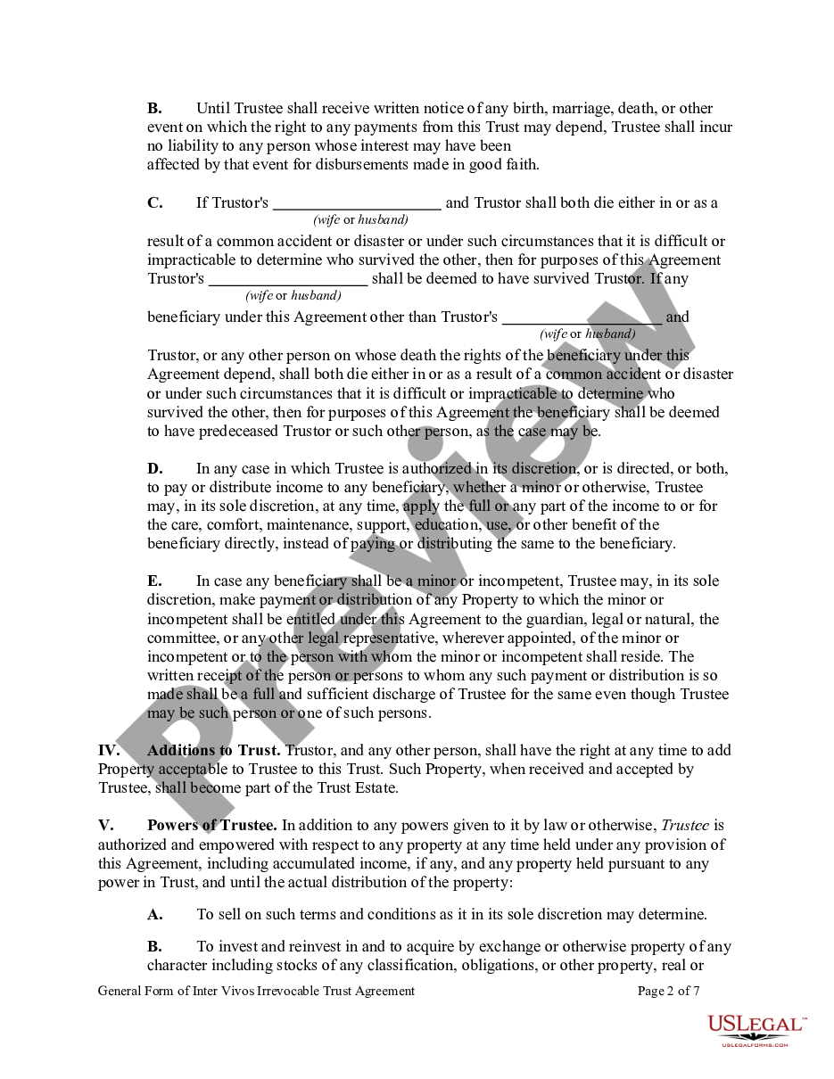 page 1 General Form of Inter Vivos Irrevocable Trust Agreement preview