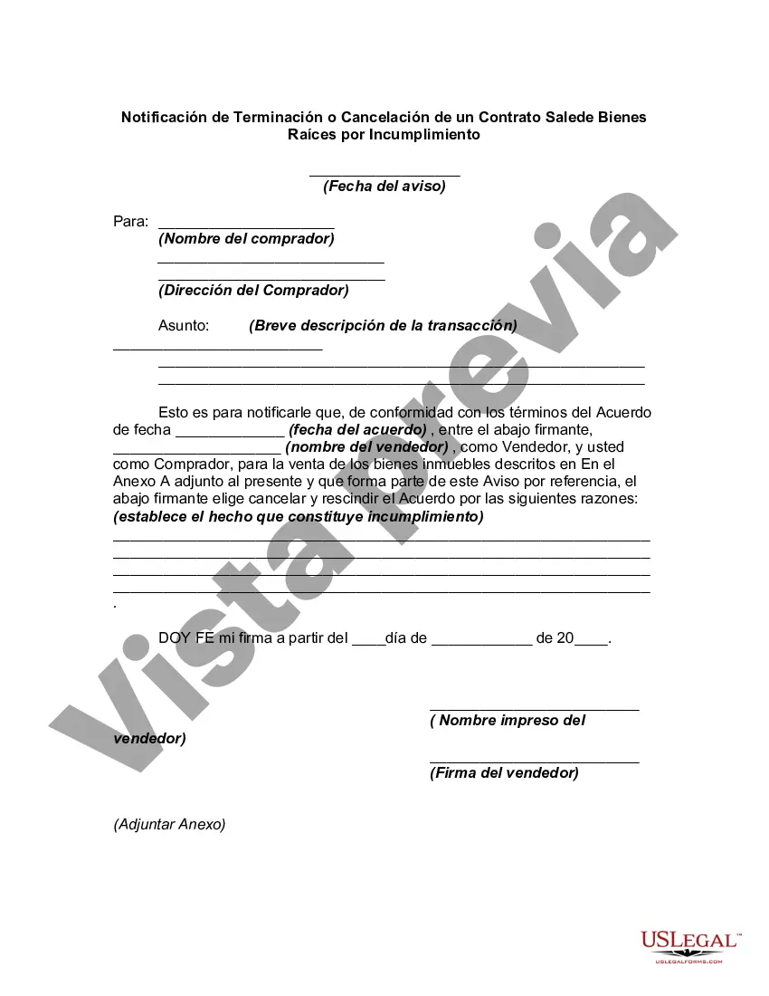 Preview Notificación de Terminación o Cancelación de un Contrato de Venta de Bien Inmueble por Incumplimiento