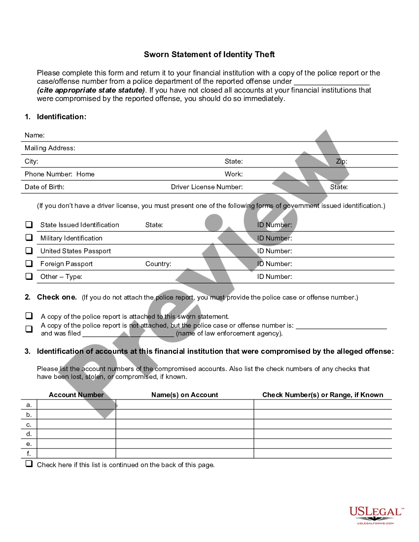 Dallas Texas Sworn Statement Of Identity Theft Us Legal Forms 5168