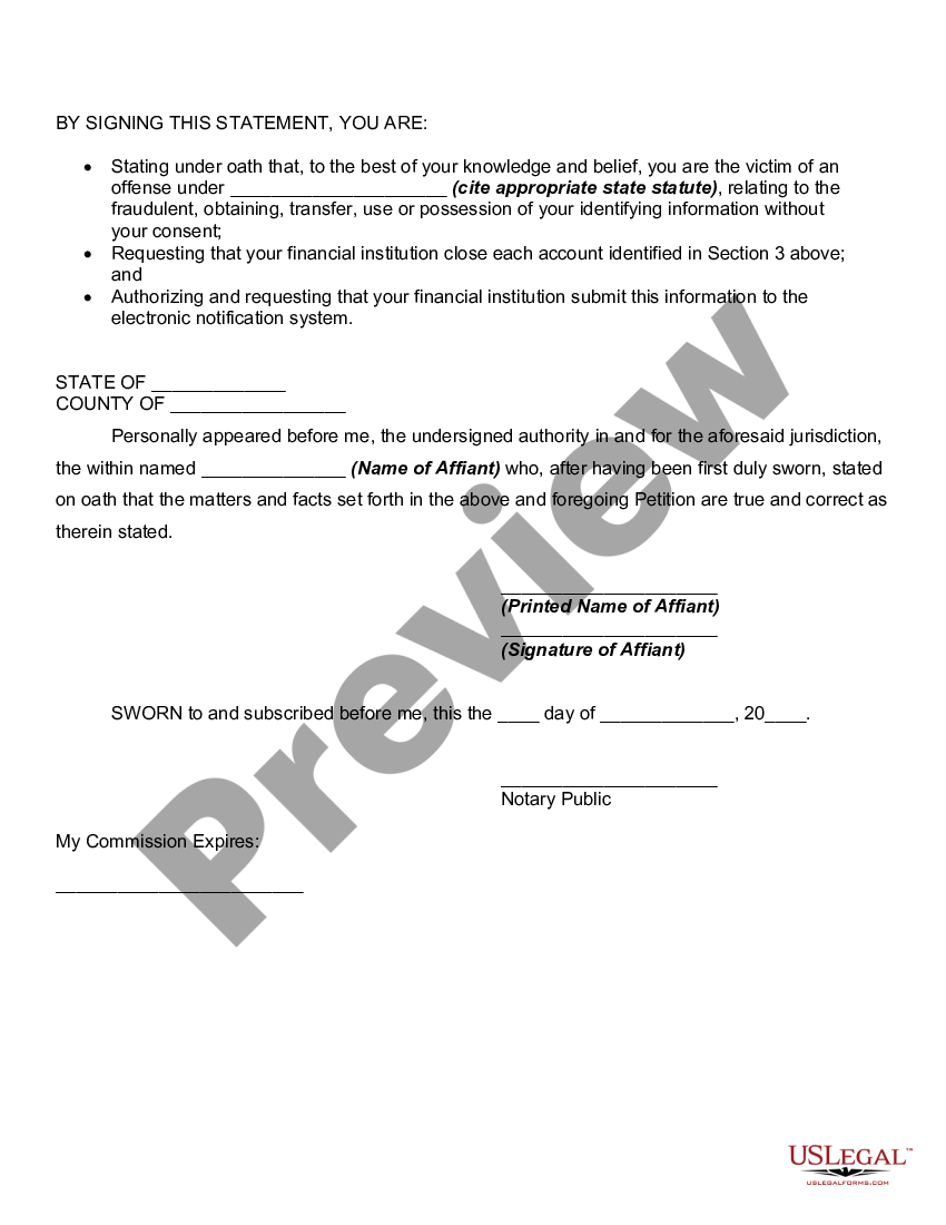 Dallas Texas Sworn Statement Of Identity Theft Us Legal Forms 9326