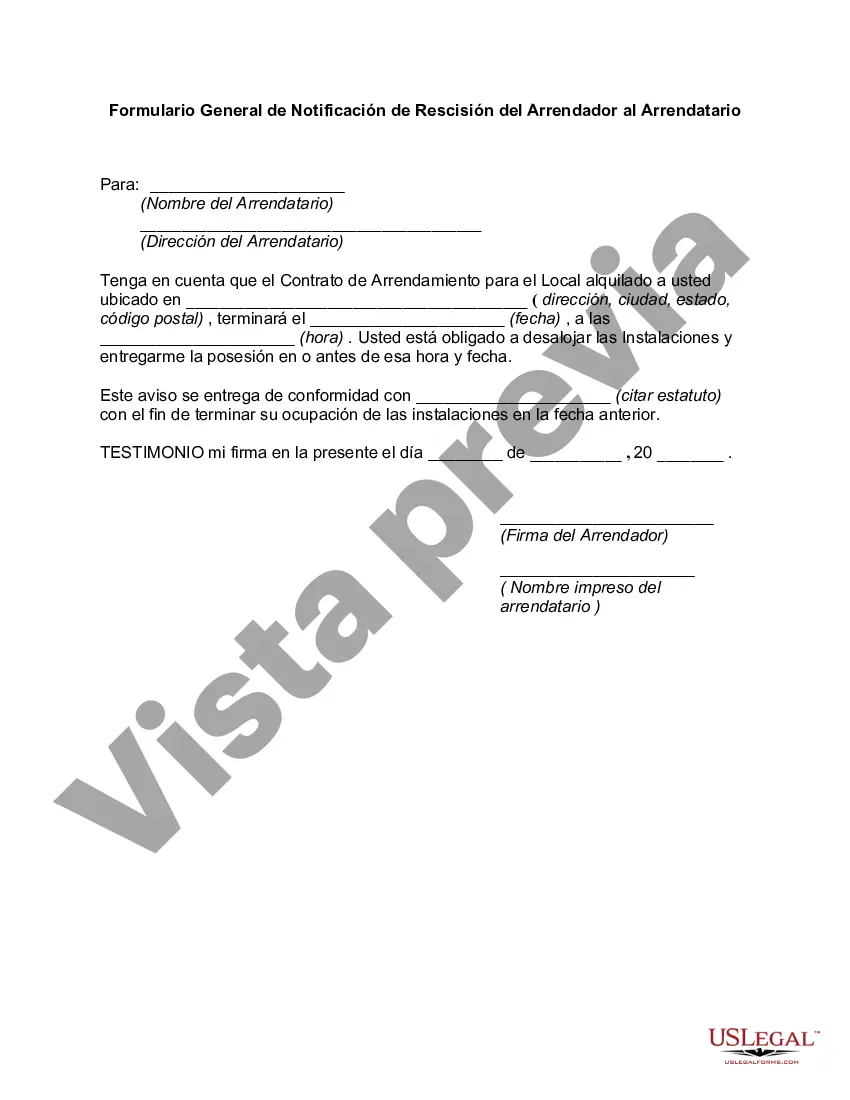 Preview Formulario General de Notificación de Rescisión del Arrendador al Arrendatario