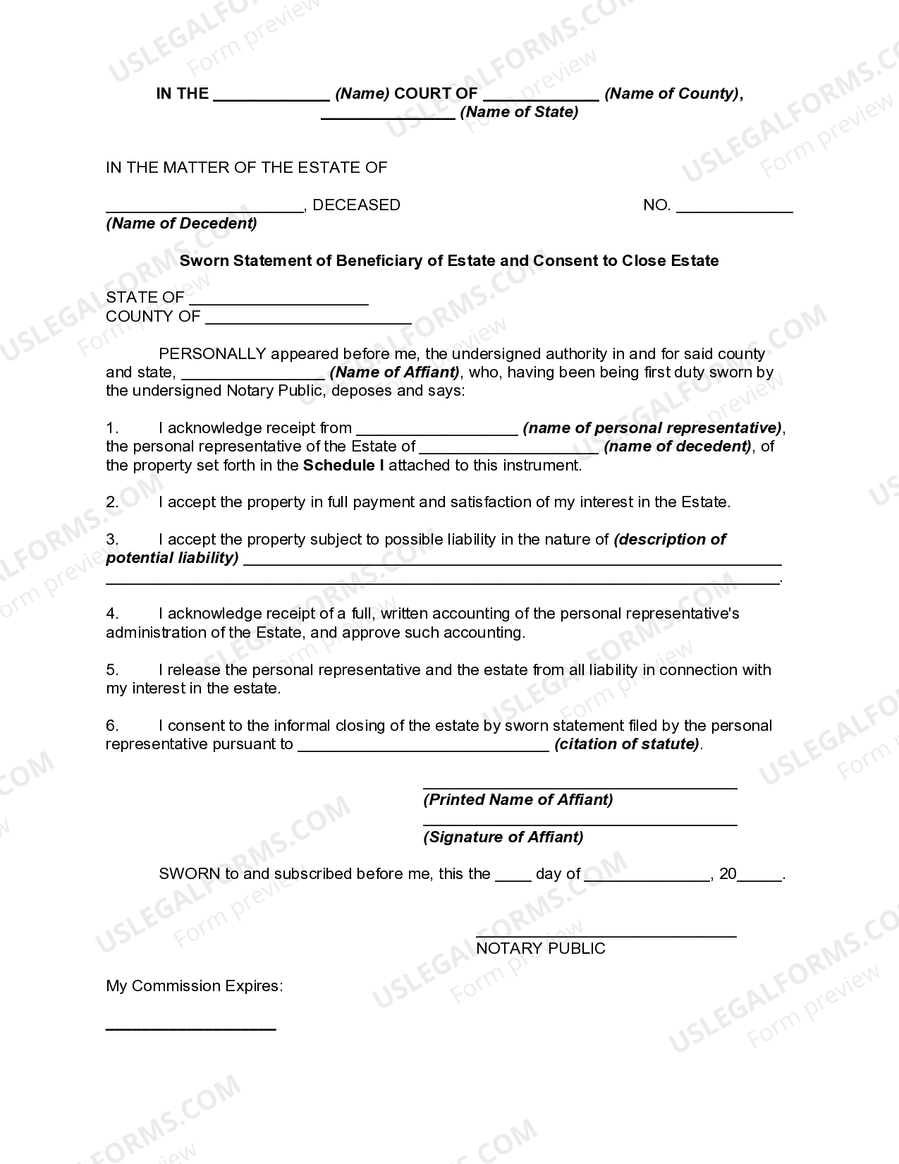 Sworn Statement of Beneficiary of Estate and Consent to Close Estate