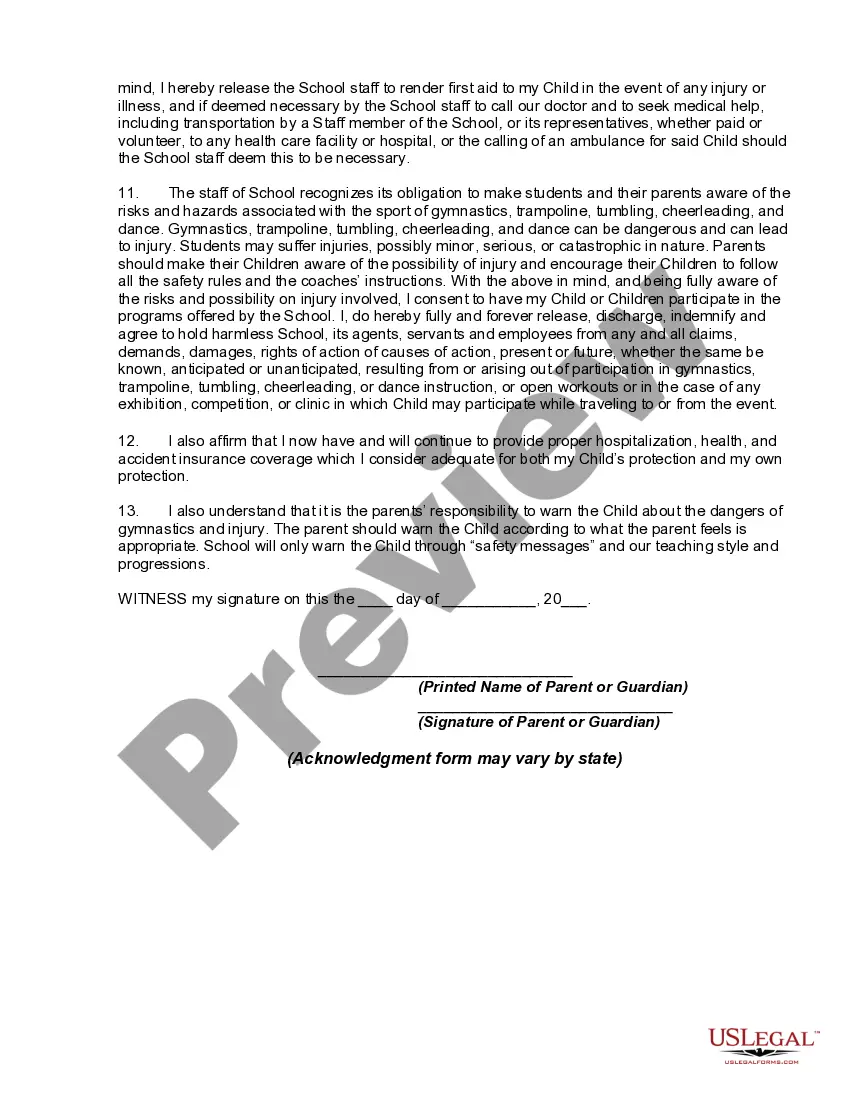Preview Medical Information, Athletic Waiver and Release for Gymnastics and Cheerleader School