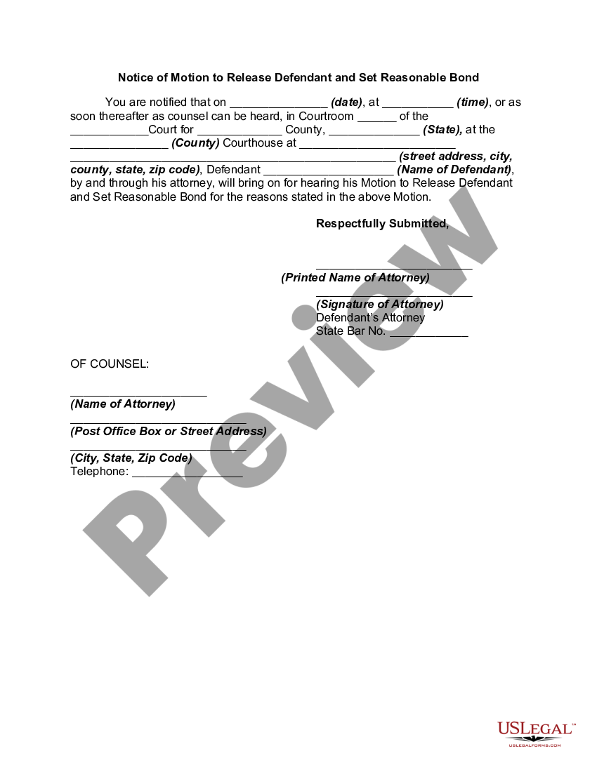 Motion To Release Defendant And Set Reasonable Bond Motion Release Bond Us Legal Forms 6052