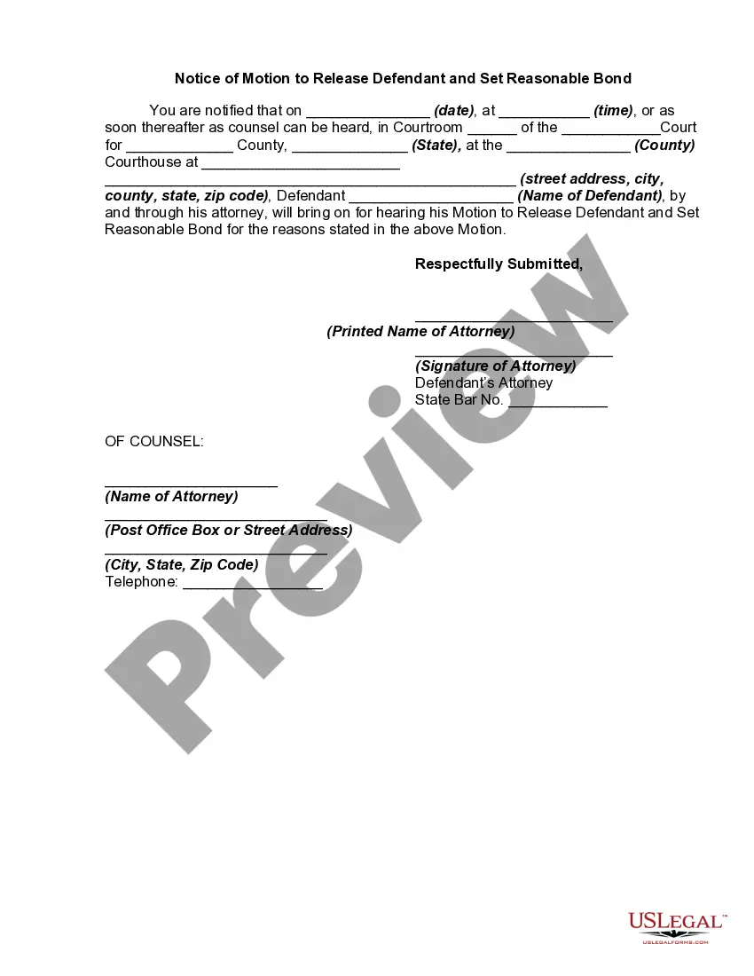 Get Motion to Release Defendant and Set Reasonable Bond Preview Motion to Release Defendant and Set Reasonable Bond