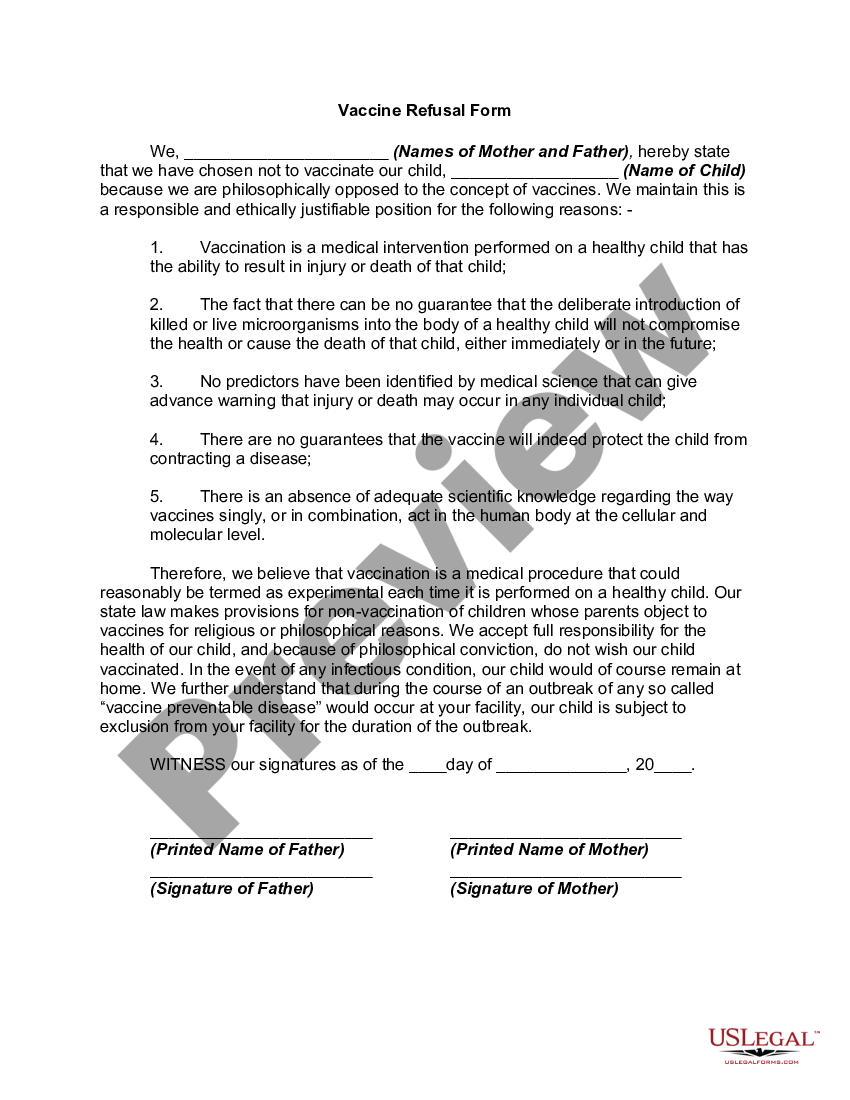 Arizona Vaccine Refusal Form - Vaccine Refusal Medical | US Legal Forms