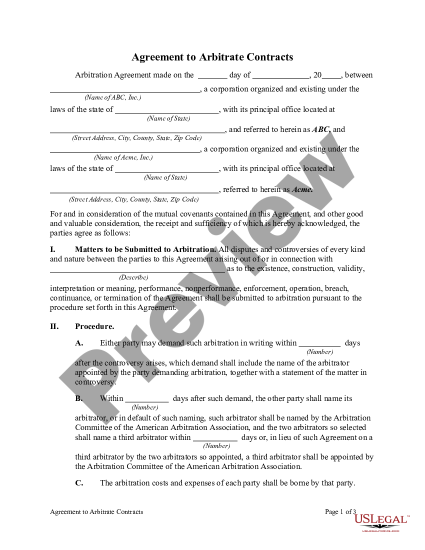 Agreement To Arbitrate Contracts | US Legal Forms