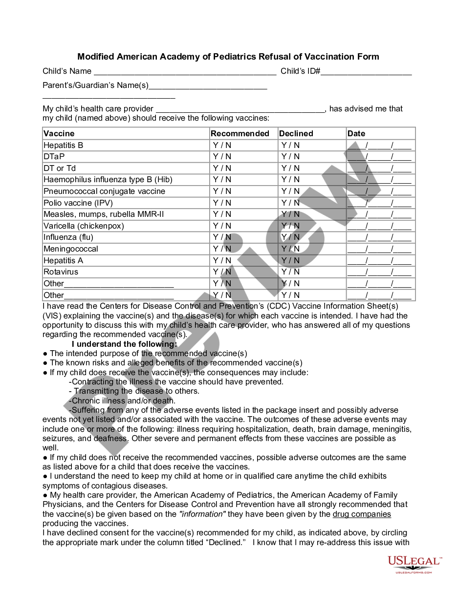 Modified American Academy Of Pediatrics Refusal Of Vaccination Form 